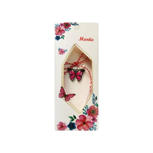 Martisoare fluture email roz in cutie cu snur B90 M36-04