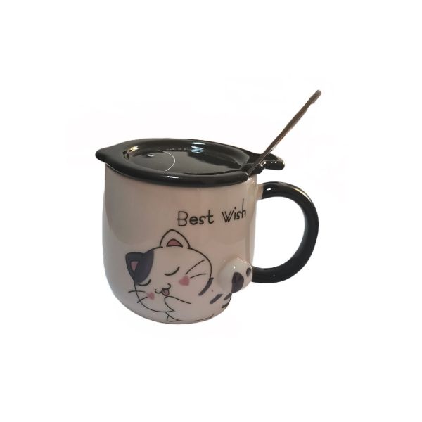 Cana ceramica pisica cu capac si lingurita R08-03