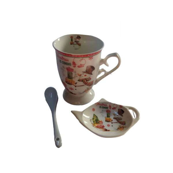 Set cana ceramica Craciun cu lingurita si suport ceai R09-17